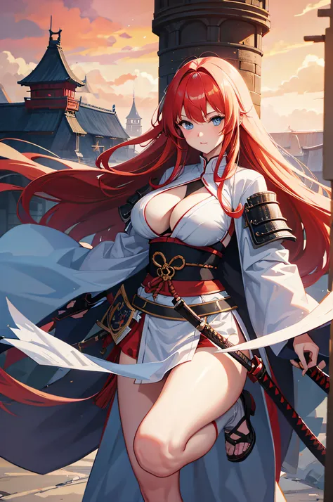 4K,hight resolution,One Woman,White red hair,Longhaire,Blue eyes,Colossal tits,hime,samurais,Samurai armor,Knives,Inside the castle tower