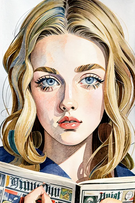 Sketched, watercolor paiting, Collage of Picasso and Robert Delaunay, cubism, Abstract, Cute daughter, big clear blue eyes, Little red cheeks, Blonde long-haired, Face-centric, Against the backdrop of newspapers and fashion magazines, Intricate Brushwork, ...