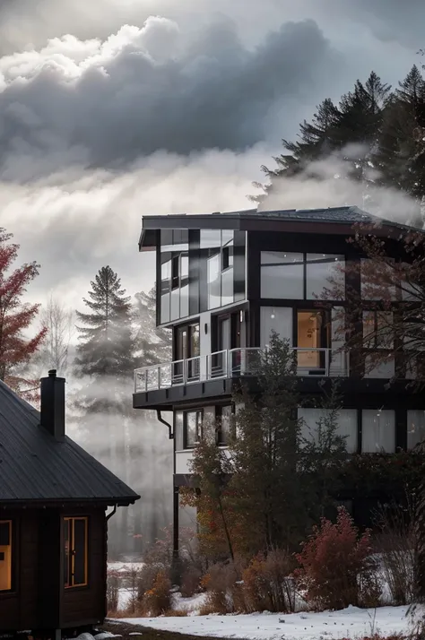 White chalet-style house, Setting: red forest, Weather: Cloudy, foggy day, Lighting: Cinematic lighting, Style: Photorealistic, Aspect ratio: 16:9, Additional details: The house is surrounded by enchanting autumn foliage. The sky above is covered with dark...