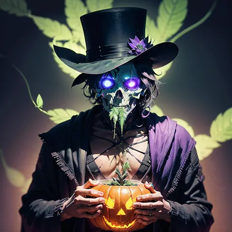 Man in Halloween costume. Skeleton in black cloak and top hat standing isolated on light purple background, holding orange jack o lantern and looking at camera with funny surprised face expression The Marijuana vines crept across their skin, tendrils wormi...