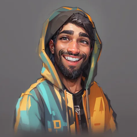 (PIVA) create a high quality 2D cartoon portrait of a man wearing the various and a hood, displaying a cheerful smile. This is a portrait for use as an NFT, an avatar image, a Discord profile picture, and a personality concept portrait for the Twitch strea...