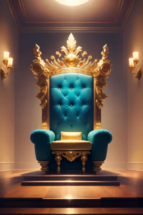 ((best quality)), ((masterpiece)), (detailed), throne, gold and cyan colors, empty room, detailed throne, big room.