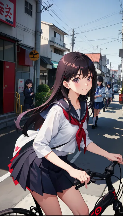 1girl in、AS-Adult、A smile、Light in the eyes、japanese hight school uniform、serafuku、Across、Riding a bike、Driving、（small tits）Chilarism、movement、Upper body portrait、