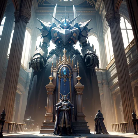 Giant, mecha, fantasy castle, facing camera, standing in throne room,