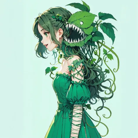 a girl with plants growing all over her body. the plant with fangs. she is in a green dress. long gloves. one side pigtail hairs...