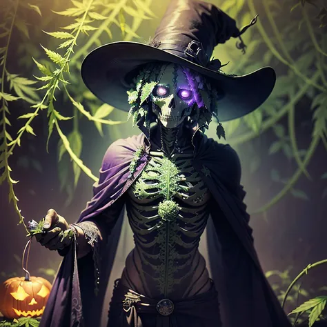 Man in Halloween costume. Skeleton in black cloak and top hat standing isolated on light purple background, holding orange jack o lantern and looking at camera with funny surprised face expression The Marijuana vines crept across their skin, tendrils wormi...