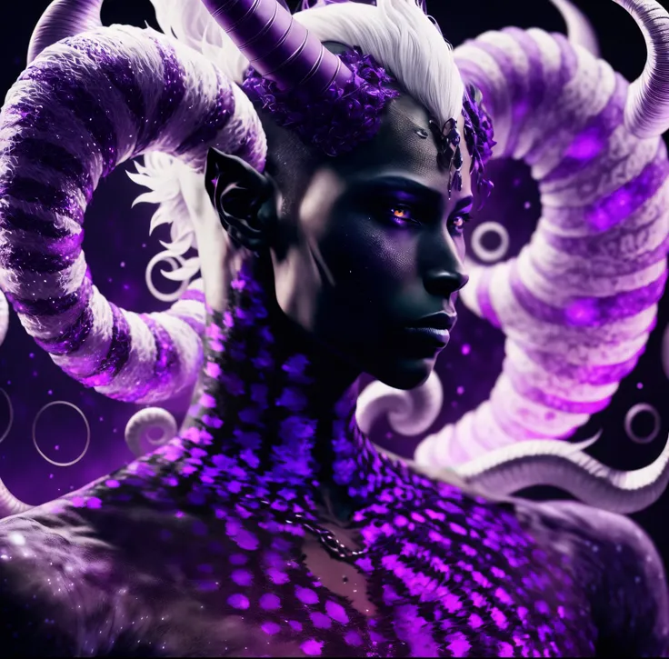 Male, obsidian black skin, pure white hair, purple eyes, spiral horns