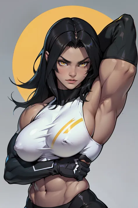 1 girl muscular muscular muscular muscular black hair yellow eyes pale skin breasts