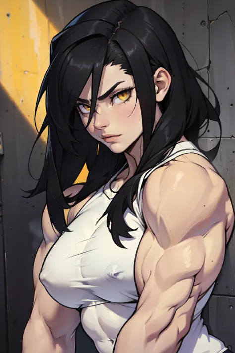 1 girl muscular pale skin muscular muscular muscular black hair yellow eyes breasts muscular