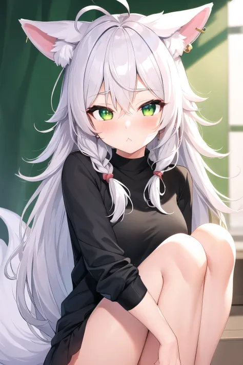 1girl ahoge animal ear fluff animal ears black shirt blush braid earrings extra ears fox ears fox girl fox tail green eyes hair between eyes jewelry (knees up) long hair looking at viewer pout shirt sidelocks single braid solo tail virtual youtuber white h...