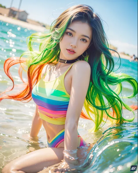 a woman with colorful hair is in the water, an airbrush painting, inspired by rossdraws, rainbow clothes, artgerm and lois van baarle, ilya kuvshinov with long hair, green wavy hair