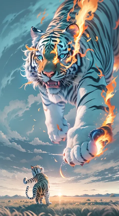 (The main subject: wide wide shot), The flame is light blue,[Multicolored,(White tiger anthropomorphism)], salama,dramatic clouds,(Deep in the field), Rich details​, (Wide sky), (sense of vastness),Energy and vitality, Complicated details.(Best quality at ...