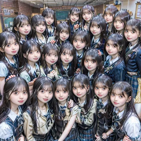 a picture、(((multiple girls))),((((6+girls))))、((10 girls))、the same face、matching school uniform、12 years old、long black hair、1...