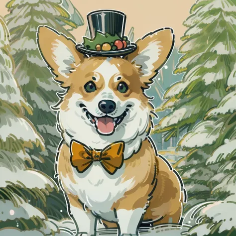 "Cute corgi smiling wearing reindeer hat and bow tie, snow behind pine trees, Merry Christmas style, hyper-high detail, (((white backgrounid))), cartoonish style, Vector graphics, high qulity, 12k, solidcolor, a gorgeous, 6 warm colors, sticker design, Pro...