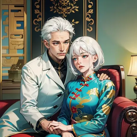 A man (middle-aged, white hair, wrinkled, dark skin, wearing a suit) and a woman (middle-aged, white hair, wrinkled, wearing a cyan cheongsam), looking at each other, sitting on sofa, living room background