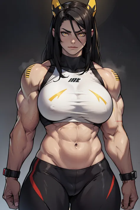 1 girl muscular pale skin muscular muscular muscular black hair yellow eyes huge breasts muscular muscular