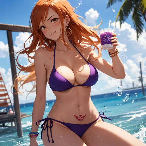 nami (one piece),
1girl, bangle, bangs, bare shoulders, bikini, bikini top and bottom,  bracelet, breasts, brown eyes, bubble, cleavage,  denim, earrings, floating hair, purple bikini, groin, jewelry, large breasts, long hair, looking at own body, navel, o...