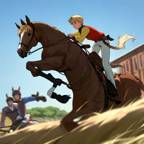 Blonde boy riding horse