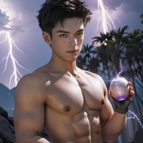 man, handsome, sixpack, charming,cute,dark armor, purple lightning,magic, energy ball In chest,Hands energized and theres lightning in hand, dragon, shadow, Knight, realistic, ultra detail, perfect face, perfect eyes, purple eye, Sword in left hand, Purple...