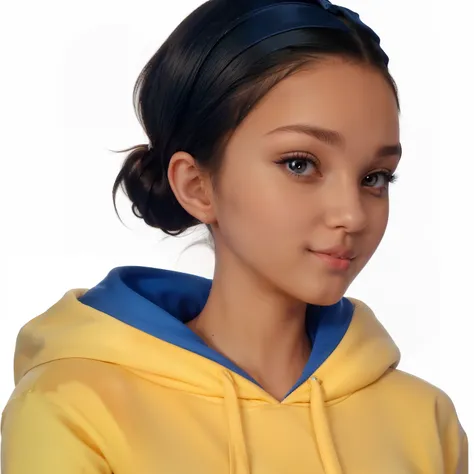 ohwx a girl with dark ponytail hairstyle wearing a blue hoodie, white background