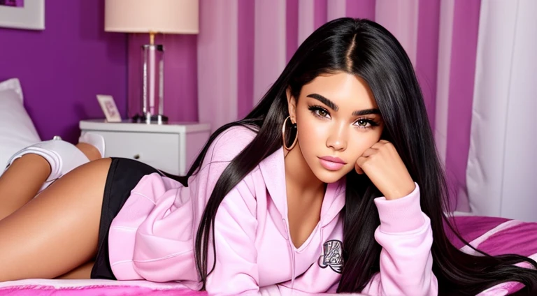 Madison Beer laying on a Pink bed With a sweatshirt on purple eyeshadow pink lipstick golden hoop earrings white nail polish long black hair