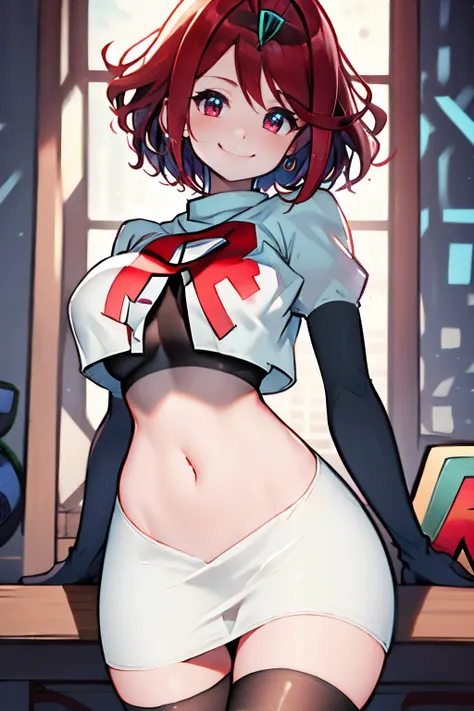 pyra,team rocket,team rocket uniform, red letter r, white skirt,white crop top,black thigh-highs,black elbow gloves, warm smile,