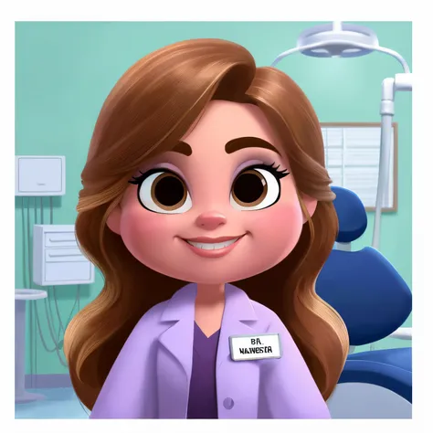 a cartoon girl in a purple coat is standing in a dentist&#39;s chair, medic, Cartoon style illustration, in cartoon style, charicatura, dentista, medic, digital illustration -, (medic), digital illustation, estilo de arte dos desenhos animados, estilo dos ...