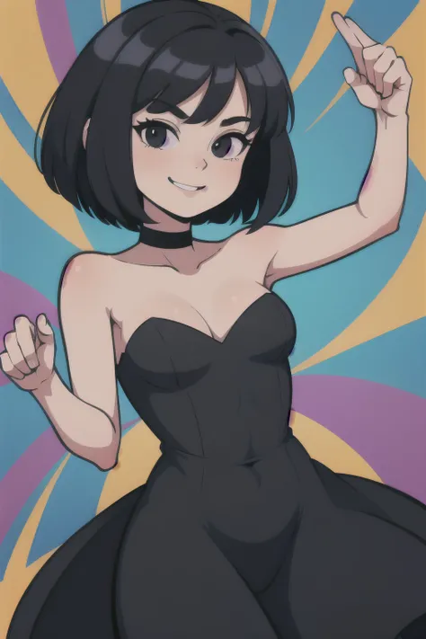 1 girl, teenage, black hair, short black hair, medium hair, bob hair, black eyes, little black dress, strapless dress, short bodycon dress, skin-tight dress, smile, choker, fancy hotel, hands up, armpits, dancing, looking at you, sexy, ballroom background,...