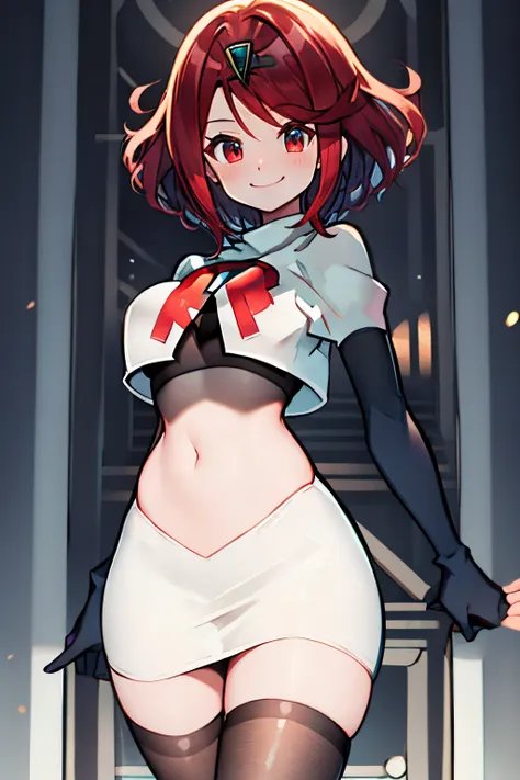 pyra,team rocket,team rocket uniform, red letter r, white skirt,white crop top,black thigh-highs,black elbow gloves, warm smile,