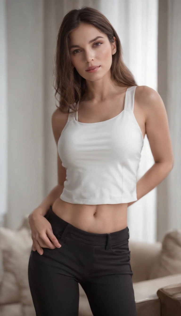 the same model posing with a white top and short tight black pants, showing her belly and looking to the side In the livingroom