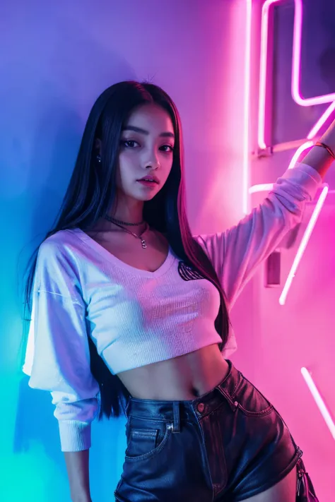 arafed woman standing in front of a wall with a cell phone, with neon lights, blackpink jennie, neon lights in the background, j...