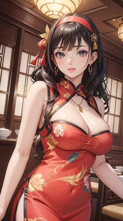 (masterpiece, best quality), 1 girl, perfect body, large breasts, colorful Cheongsam with elaborate details, hairband, Necklace, Jewelry, Beautiful Face, (wavy hair, asymmetrical bangs), Tyndall Effect, pose contrapposto, Dark Studio, Rim Lighting, Two-Ton...