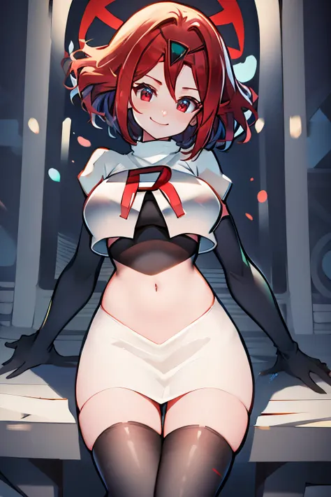 pyra,team rocket,team rocket uniform, red letter R, white skirt,white crop top,black thigh-highs,black elbow gloves, warm smile,