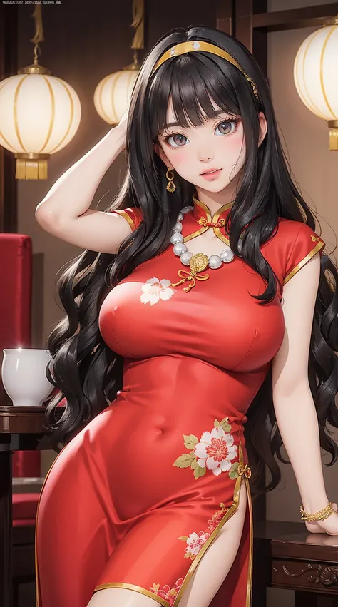 (masterpiece, best quality), 1 girl, perfect body, large breasts, colorful Cheongsam with elaborate details, hairband, Necklace, Jewelry, Beautiful Face, (wavy hair, asymmetrical bangs), Tyndall Effect, pose contrapposto, Dark Studio, Rim Lighting, Two-Ton...