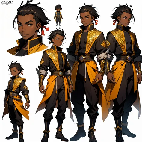 create a 10 years old african black boy, dark skin, multiple pose and expressions, character design, concept design sheet, white background, sketch, colorful, artgerm