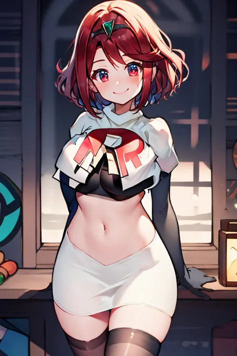 pyra,team rocket,team rocket uniform, red letter R, white skirt,white crop top,black thigh-highs,black elbow gloves, warm smile,