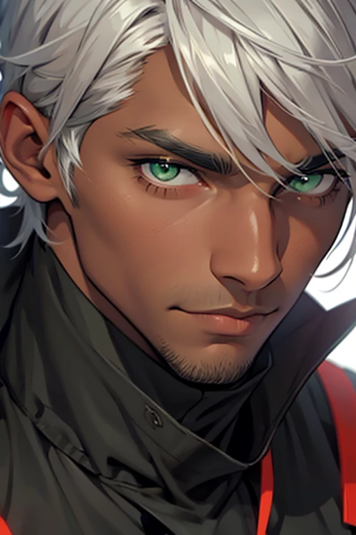 man, dark skin, green eyes, gray hair, close up, sexy.