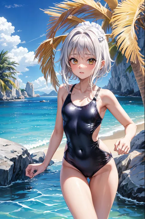 1 beautiful girl 18 years old slim, Small Long  Swimsuit, mar olas playa atardecer de verano, UHD, Obra maestra, Anatomically correct, Detalles altos, Altas Resoluciones, La mejor calidad, Super detail, 8k