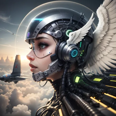 image of an angelic face on a flying cybernetic body 32k -- realistic --auto --s2