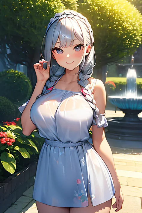 (3D Animation:1.3),In front of the fountain in the park,cute and beautiful adult woman,Cute round face,Cute smile,Blouse that shows skin,Sexy costume that shows the bottom of the breasts,hotpants,(silver white hair,Floral braided headband,half up、Floral Br...