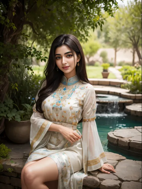 (8k, ultra high res:1.1) nasrin, an 18-year-old iranian girl, finds tranquility in a beautiful persian garden. she wears a tradi...