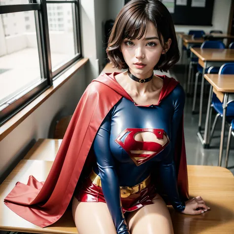 ​masterpiece,Short-haired supergirl spreading her thighs on a school desk、large full breasts、Looking at the camera、Glossy enamel costume、Glossy bright red enamel long boots、shiny red enamel skirt、a choker、Glimpse、Fluttering cloak、seduces、sexypose、shame、Ins...