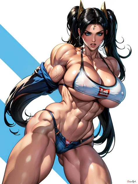 (high quality, best rendering), (beautiful girl), Blue Eyes, ((black long straight hair)),(bombshell, pin-up style), psychopath, crazy face, sexy pose, jean short shorts, tank top, pastel, centered, scale to fit dimensions, micro thong, micro bikini, camel...