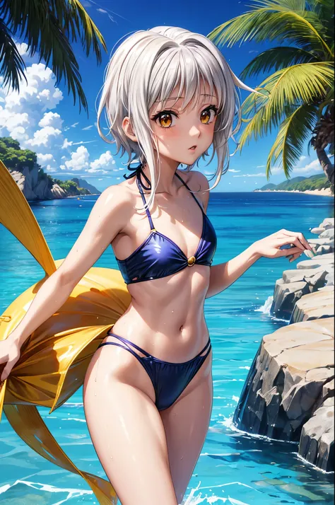 1 beautiful girl 24 years old slim, Small Long  Swimsuit, mar olas playa atardecer de verano, UHD, Obra maestra, Anatomically correct, Detalles altos, Altas Resoluciones, La mejor calidad, Super detail, 8k  Anime girl in blue swimsuit posing in the ocean.,...