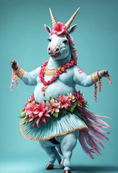 photorealistic portrait of Dressed animals - a fat lightblue unicorn  hula dancer,(dancing), high quality,(lovely) intricate details highly detailed hula costume ,flower lay, studio lighting,(full body image:1.5)