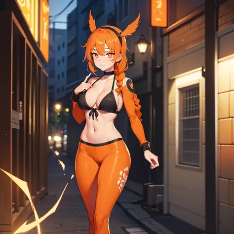 standing in front of a building in the background, sports bra, leggings, black hairband, braid, collarbone, front-tie bikini top, bum hair , long sleeves, open clothes, orange hairneck tattoo, choker, hair ornament, long hair, (orange eyes:1.5), red choker...