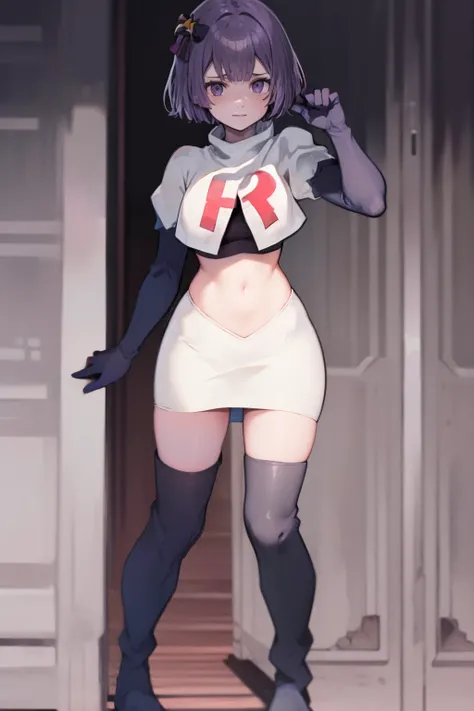 warBernie, hair bow, purple eyes, purple hair, team rocket uniform, red letter R, white skirt,white crop top,black thigh-high boots, black elbow gloves,