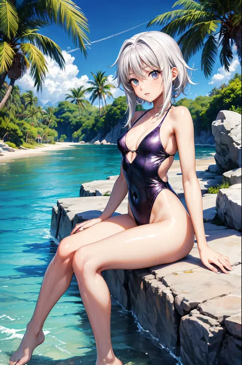 1 beautiful girl 5 years old slim, Small Long  Swimsuit, mar olas playa atardecer de verano, UHD, Obra maestra, Anatomically correct, Detalles altos, Altas Resoluciones, La mejor calidad, Super detail, 8k  Anime girl in blue swimsuit posing in the ocean., ...