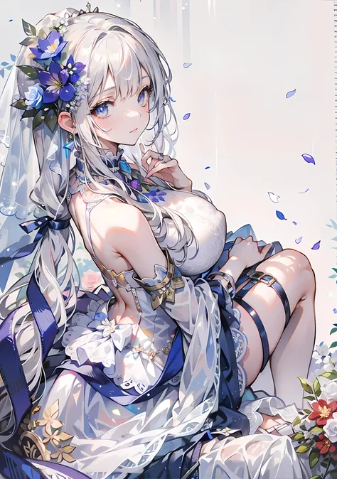 （（Best quality at best））， （（tmasterpiece）） wedding princess dress， llight rays， lens flare glow， White petals， long hair cat， exotic，Wedding flowers，Sense of lens，face to the viewer，The feeling of looking down，（flower wedding dress），Colossal tits，White flo...