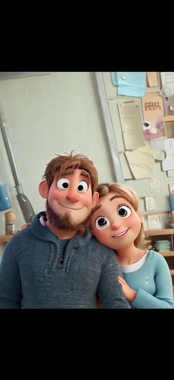 A cute couple hugging as pixar characters